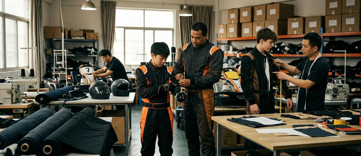 Youth and adult drivers trying a size-run set of kart suits before bulk