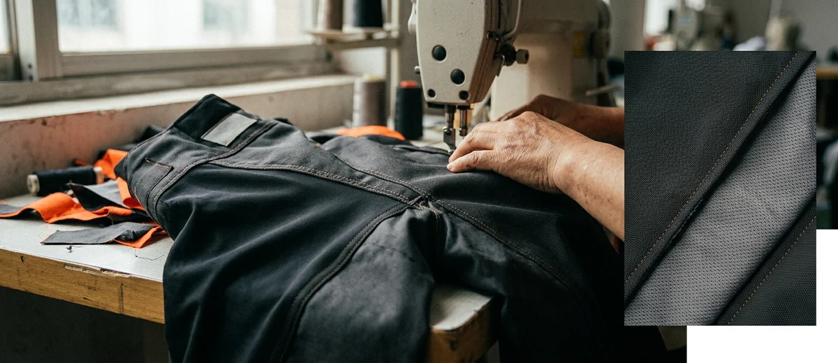 Close-up of the two-layer kart suit shell with a stretch panel seam