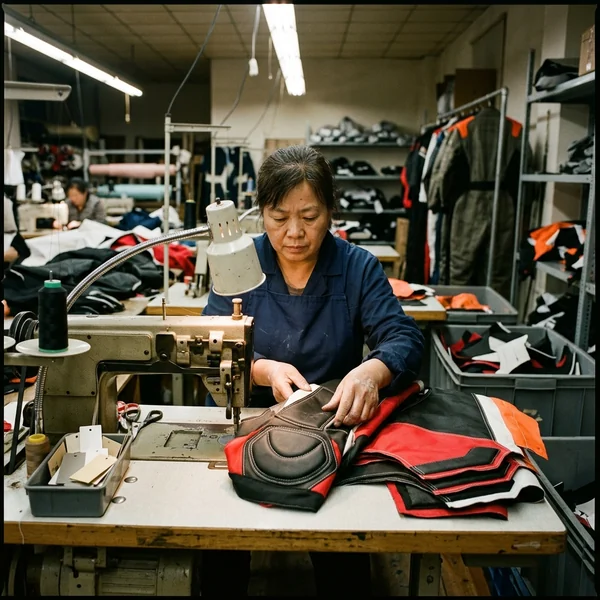 Mid-line inspector loading the shoulder and knee panels of a kart suit by hand