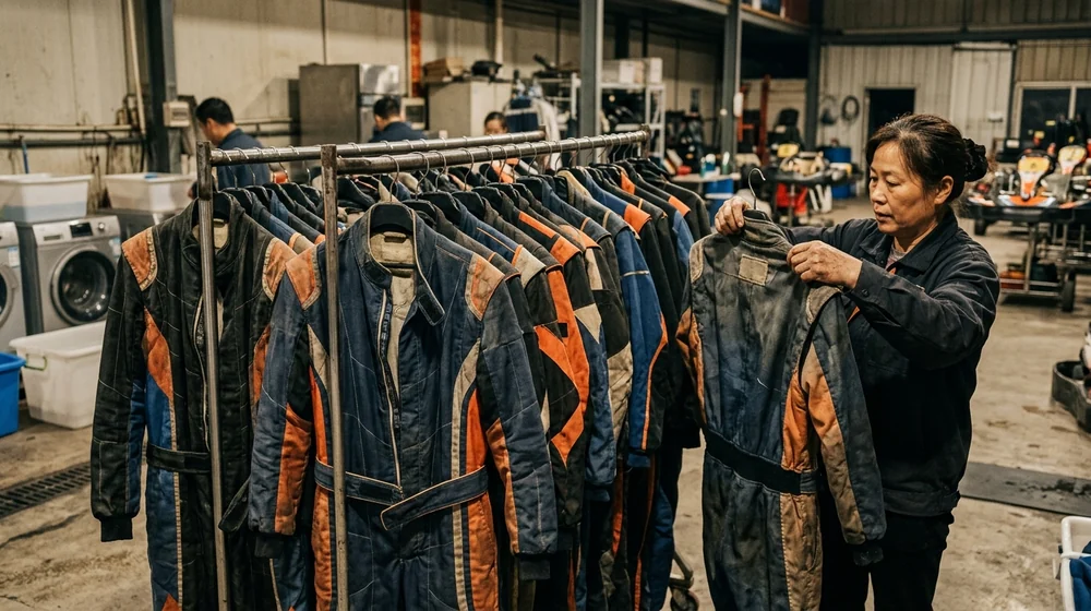 Karting centre laundry with a rack of kart suits after the nightly wash