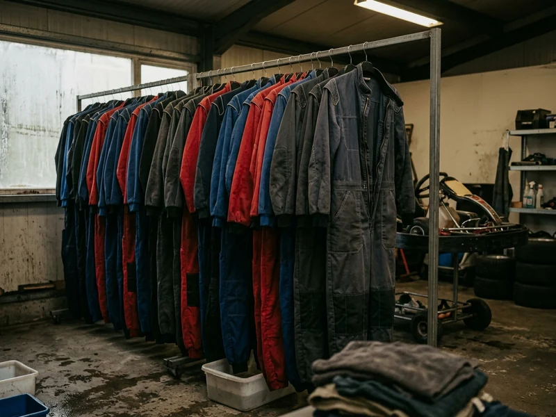 Karting centre rental kart suits hanging by size after the nightly wash