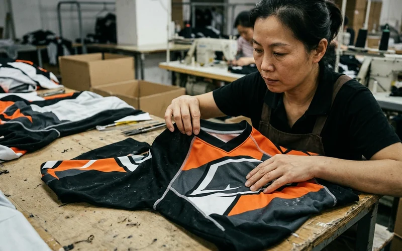 Sample jersey after a machine wash, print and collar being checked