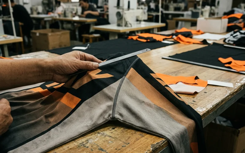 Close-up of a print line crossing the raglan seam without a step