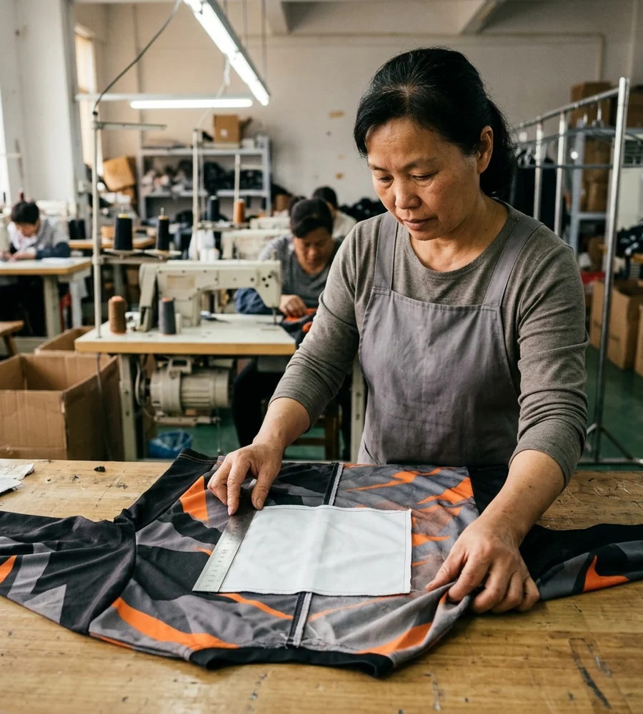 Mid-line inspector checking a back number square to the center back seam