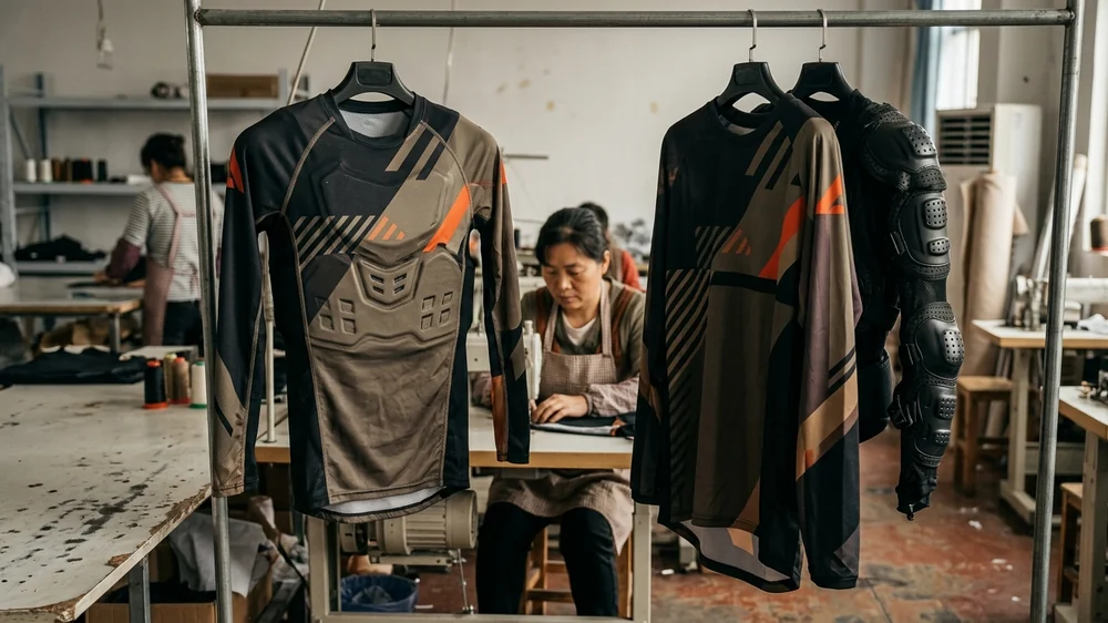 Race-fit jersey over a chest protector next to a relaxed-fit jersey over body armor