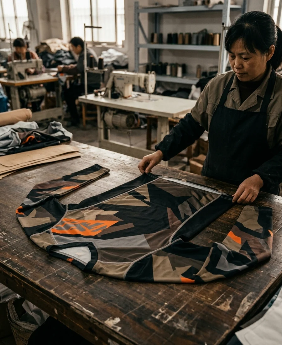 Custom motocross jersey front, all-over sublimated, flat on the pattern table