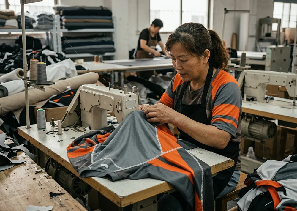 Raglan seam on a custom MX jersey with the rider's elbows up, sponsor block flat across the shoulder