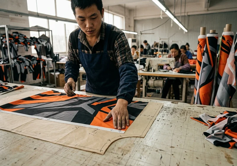 Printed jersey panel matched to its pattern piece by registration marks on the cutting table