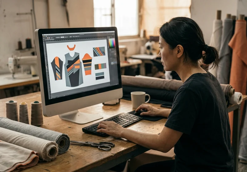 Layout desk placing names and logos onto jersey pattern pieces on screen