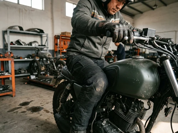 Rider seated on the bike squeezing the tank, knee panel fully covering the contact area