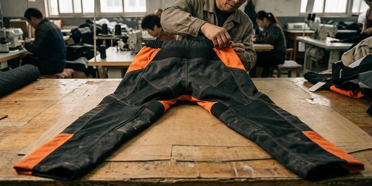 Custom motocross pants laid flat on the pattern table, knee panels and yoke visible