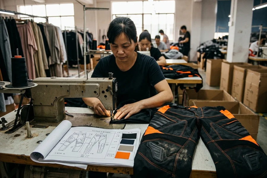 Tech pack and reference pair of motocross pants on the sample-room table