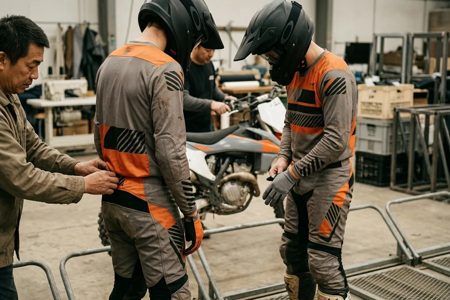 Team riders in matching custom motocross jersey and pants at the gate