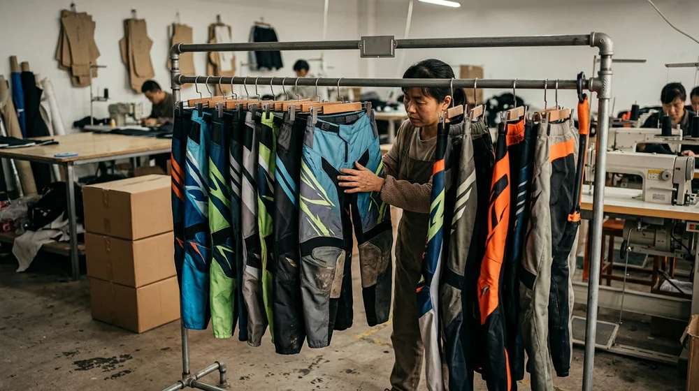 Motocross, enduro, youth and women's pants hanging on the sample rail