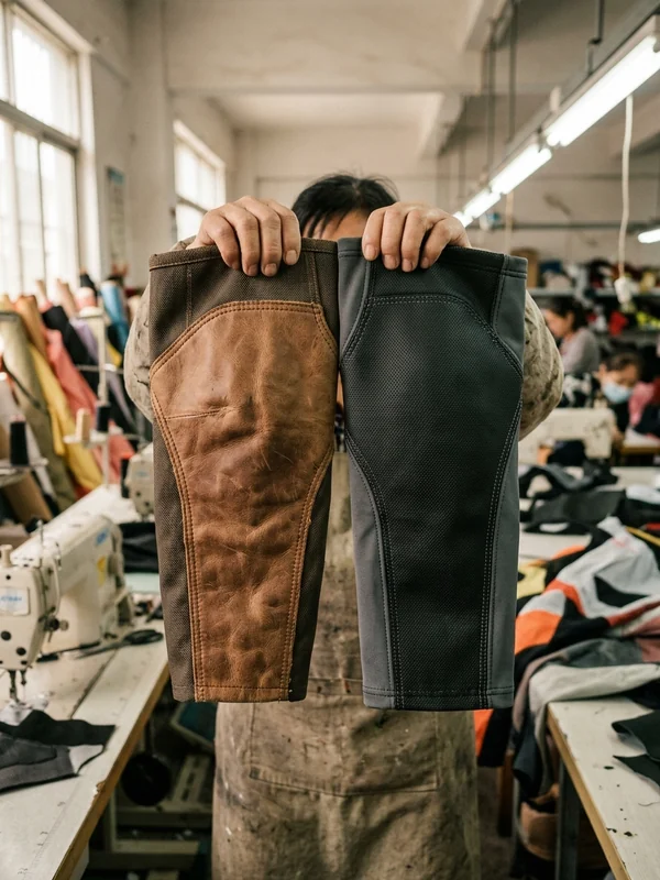 Leather and synthetic-leather inner-knee panels side by side