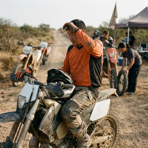 Enduro rider in over-the-boot pants on a long trail day