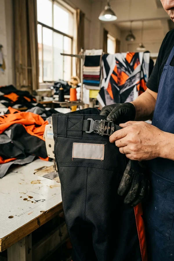 Waistband label and ratchet closure of custom motocross pants, close up