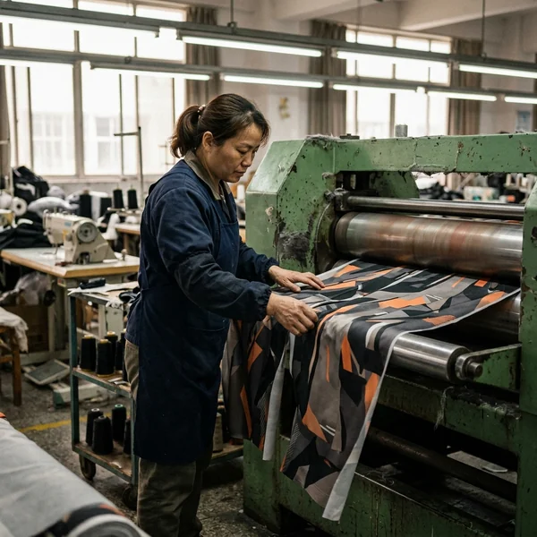 600D pant panels coming off the heat calender