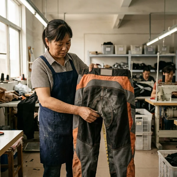 Mid-line inspector loading the crotch and yoke of a pant by hand