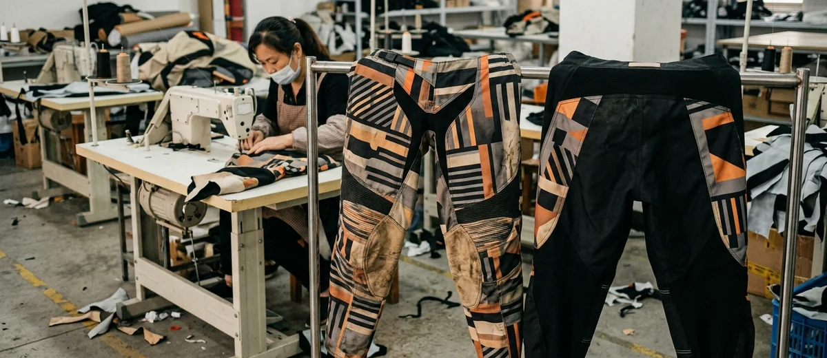All-over printed motocross pants next to a solid pair with printed hip and thigh panels