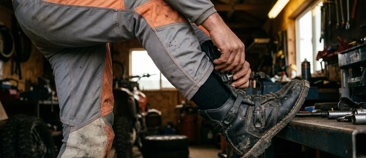 In-the-boot leg opening of motocross pants tucked into a riding boot