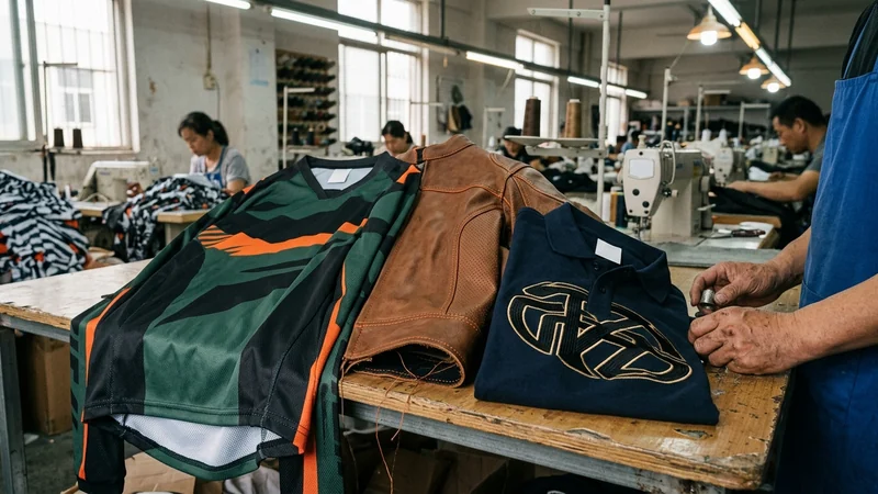 Sublimated jersey next to a sewn leather panel and an embroidered polo