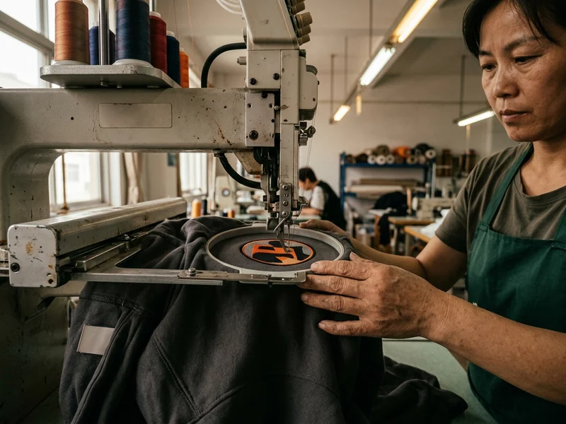 Embroidery head stitching a badge on a hoodie