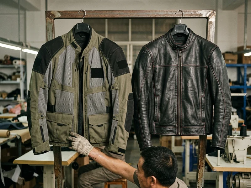 Textile and leather motorcycle jackets side by side