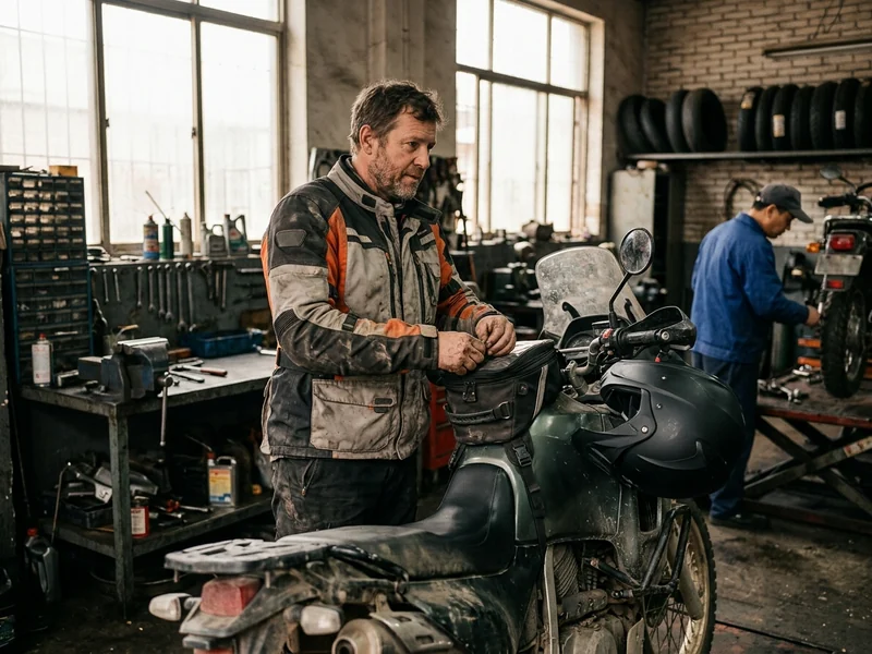 Rider in an ADV touring jacket beside an adventure motorcycle