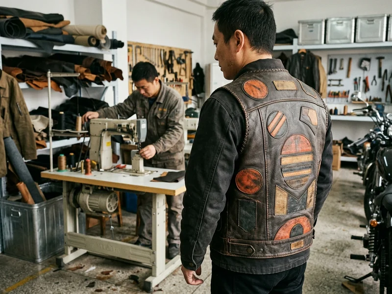 Custom leather motorcycle club vest, shown from behind