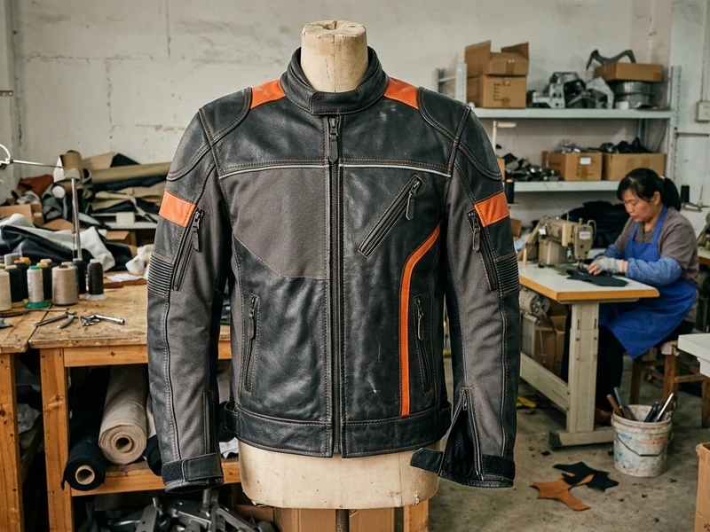Custom motorcycle jacket, front view on a mannequin