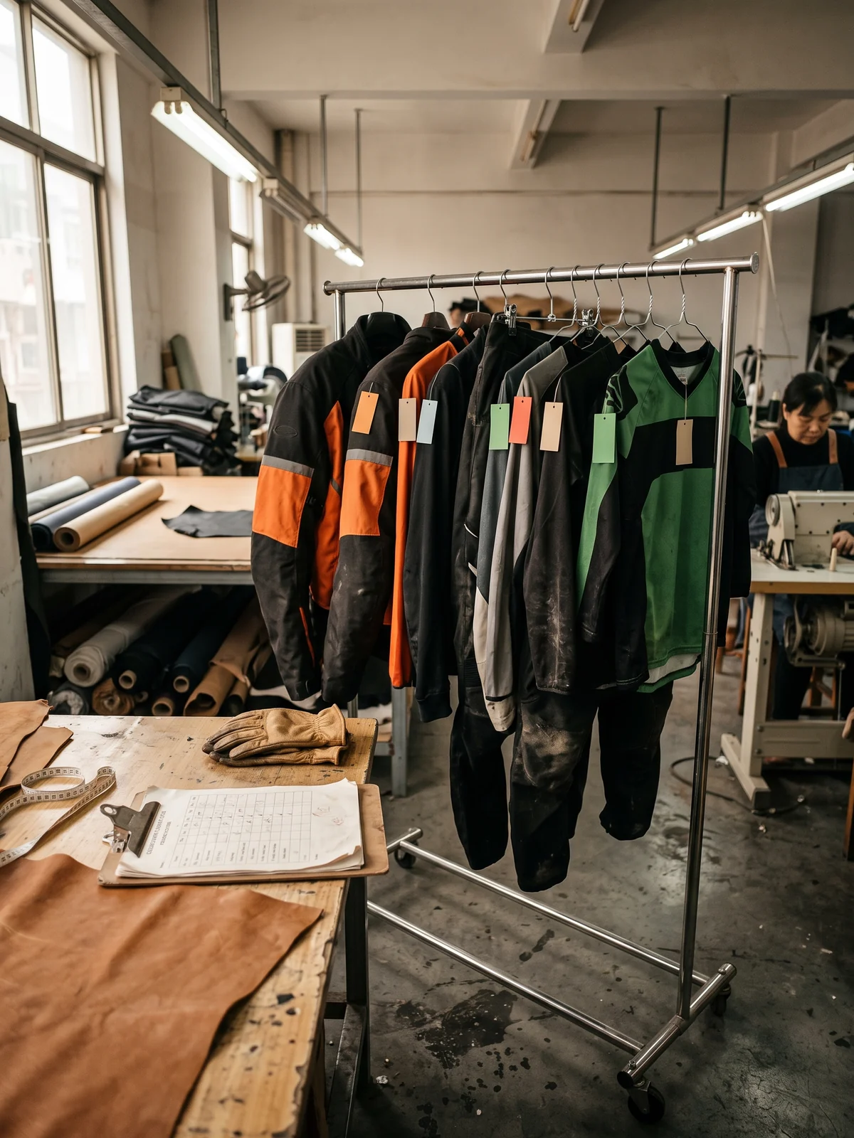 Size-run set on the rail beside a leather suit measurement sheet