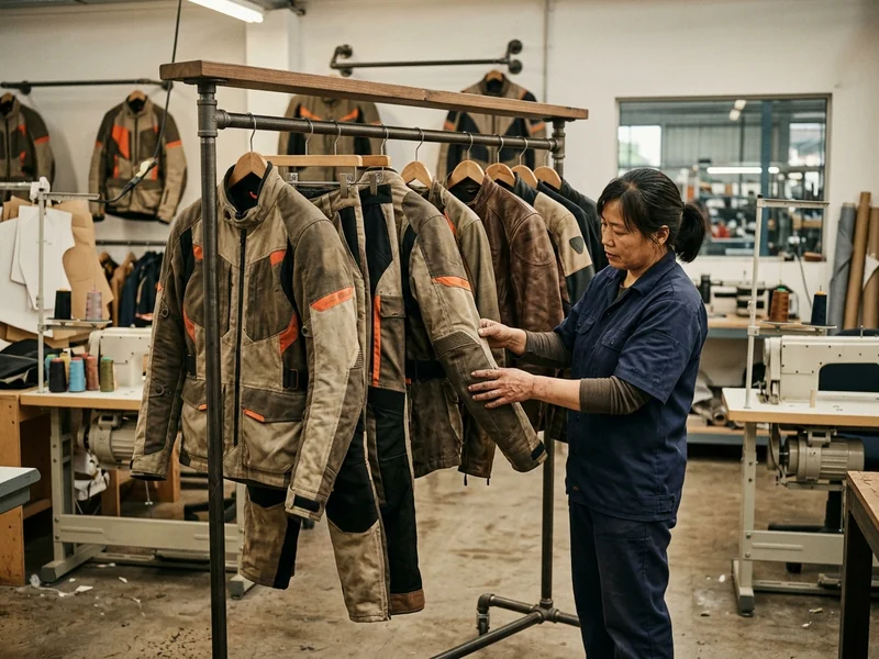 Dealer's own-label riding apparel on the showroom rail