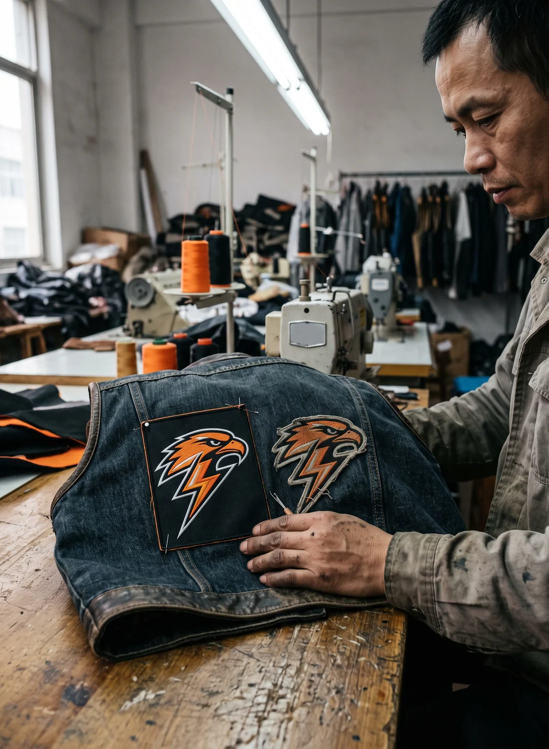 A newly stitched patch laid beside an existing club patch for comparison