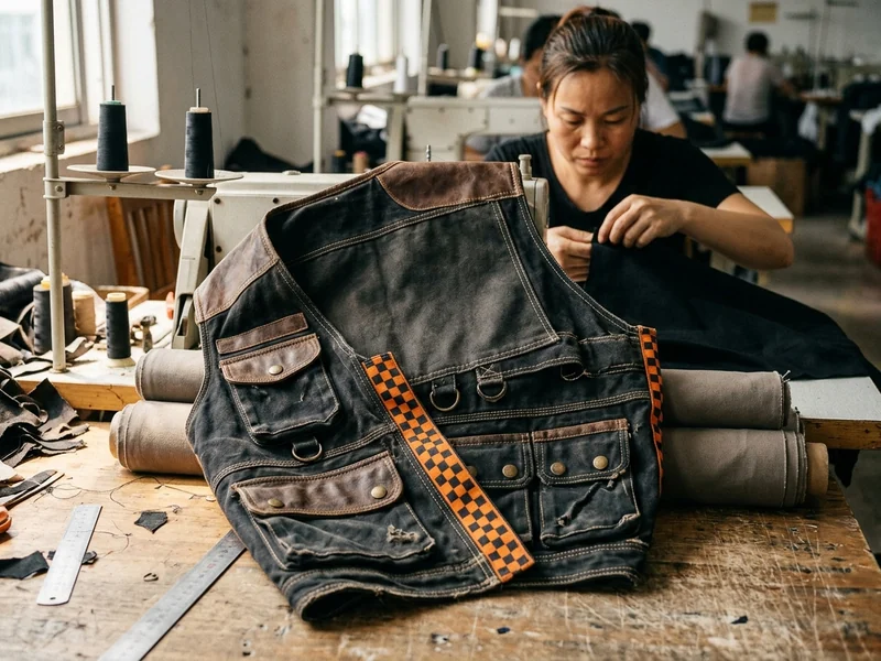 Canvas motorcycle club vest with leather panels and utility pockets