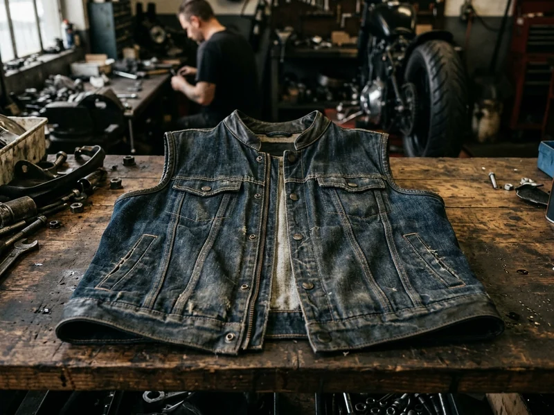 Denim motorcycle club vest with leather trim, laid flat