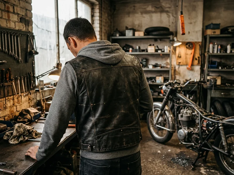 Leather club-cut motorcycle vest with a one-piece back, shown from behind