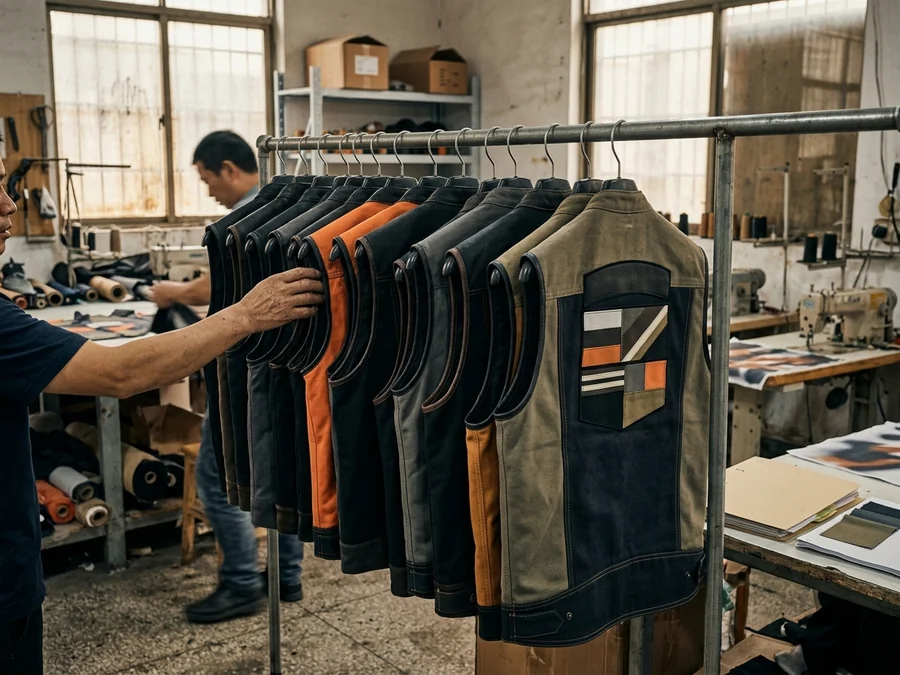 The finished vests in their ordered sizes on a rail