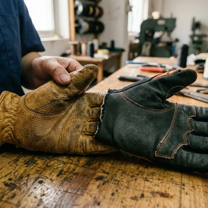 Goat-leather palm next to a synthetic palm on two riding gloves