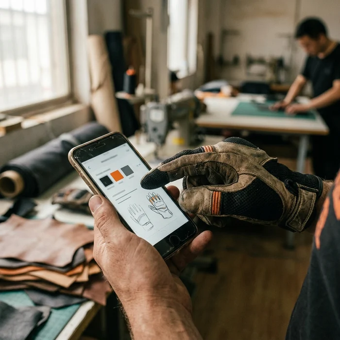 Touchscreen fingertip of a riding glove on a phone screen