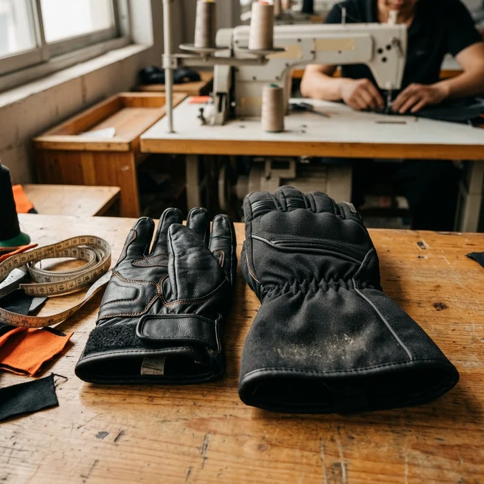 Short wrist strap glove next to an over-jacket cuff glove