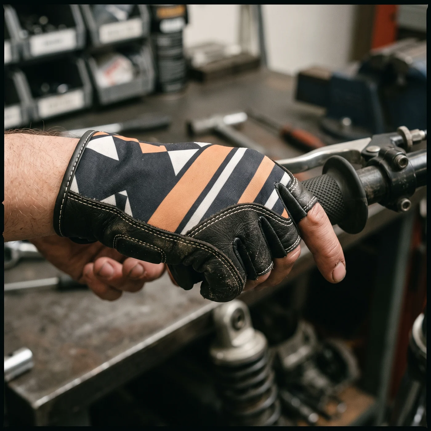 Custom motorcycle glove closed on the handlebar, sublimated back-of-hand panel in the team colorway