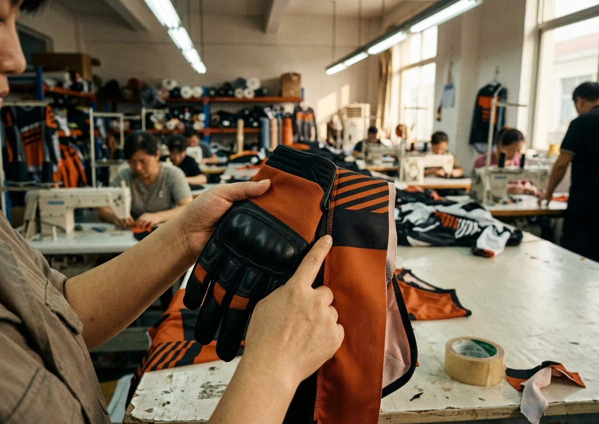 Sample glove held against the jersey sample, back-of-hand panel matching