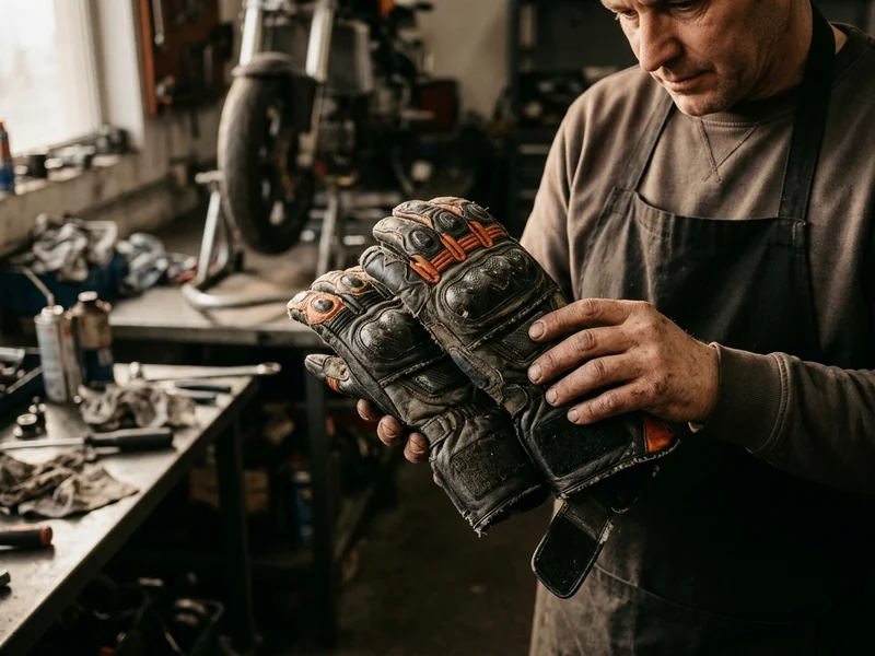 Pair of long-cuff leather racing gloves, back of hand view
