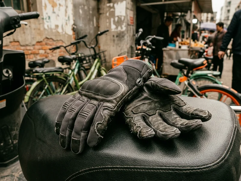 Pair of low-profile urban commuter motorcycle gloves on a city scooter seat