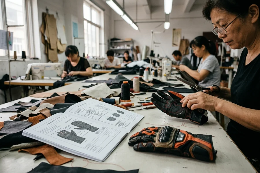 Brand tech pack and reference glove on the sample-room table
