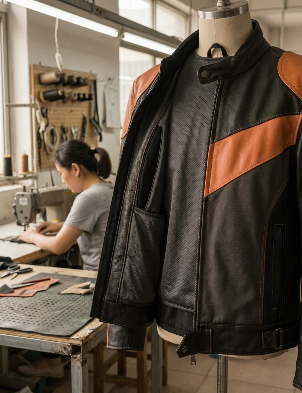 Custom motorcycle jacket on a form, front view, armor pockets and liner zip visible