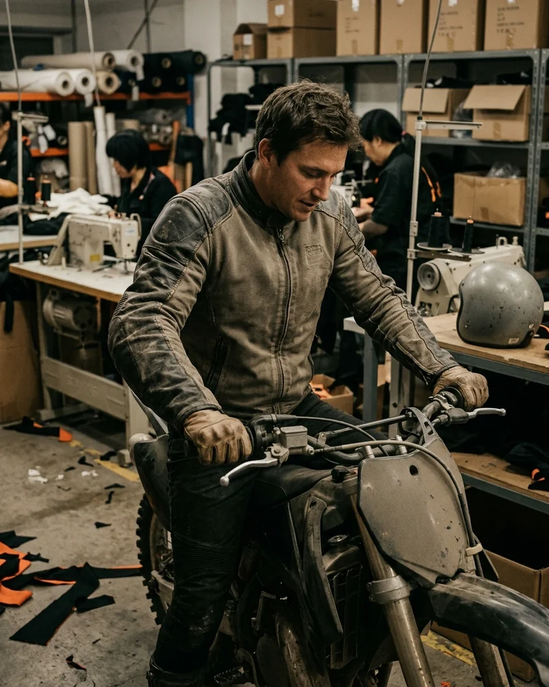 Rider on the bike in a sample jacket, shoulder and elbow pads sitting in place with arms on the bars
