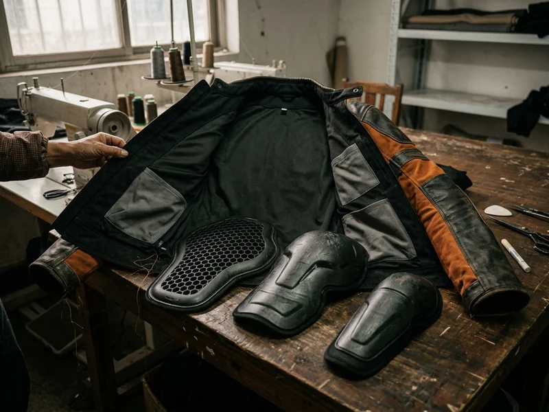 Shoulder, elbow and back protectors laid next to the open armor pockets of a jacket
