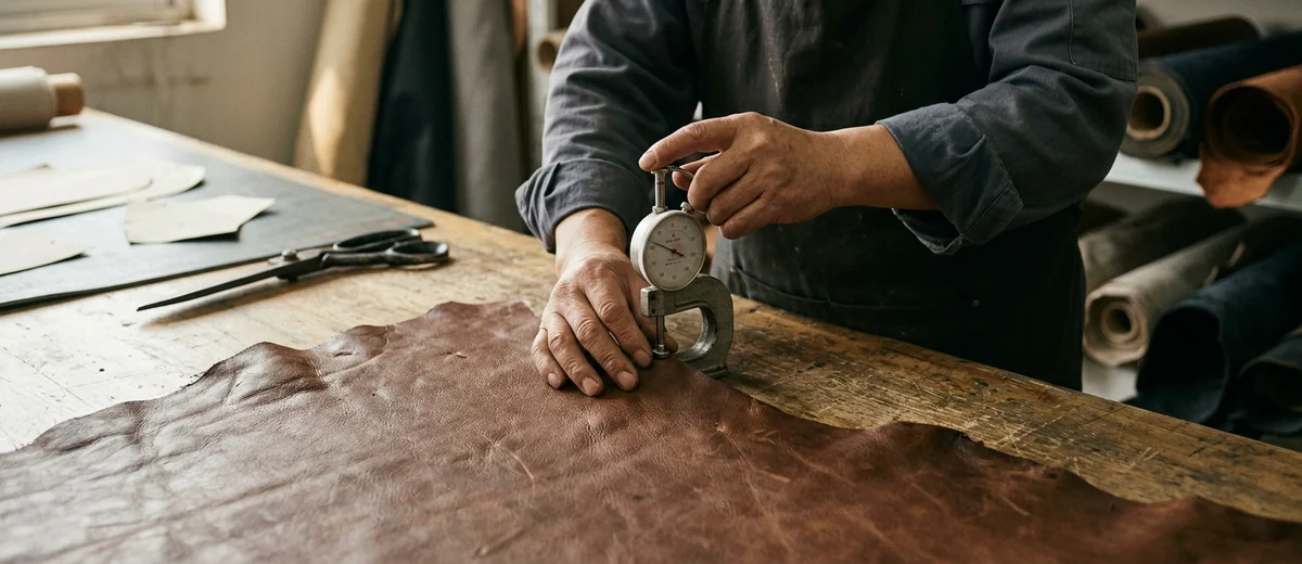Thickness gauge reading a cowhide before it is cut for a jacket